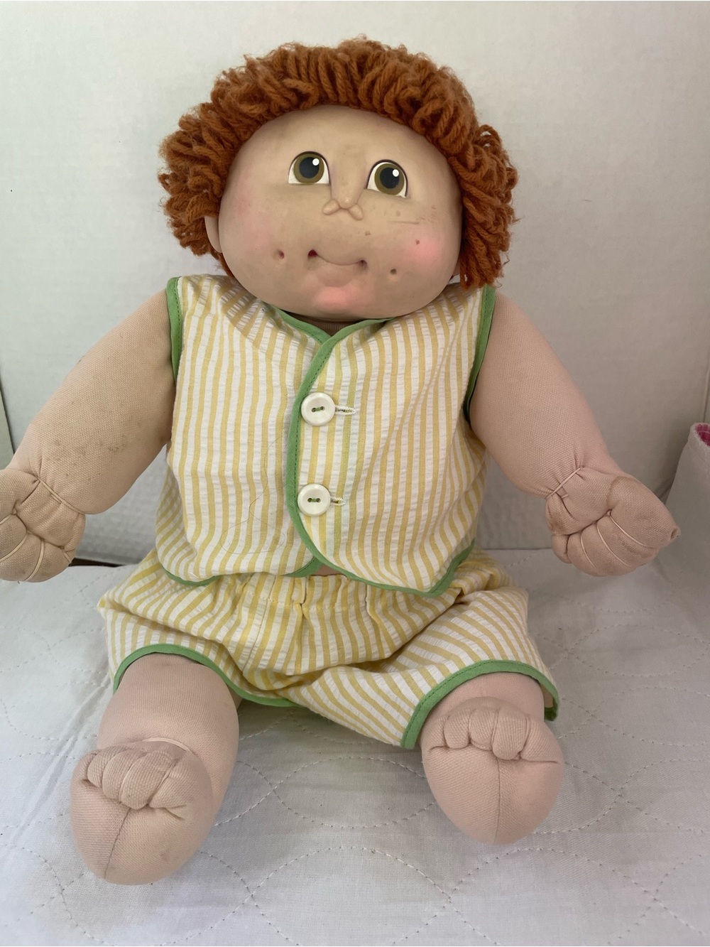 Handmade-Style Soft Baby Doll in Yellow Stripe Outfit